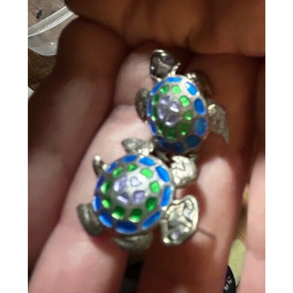 Vintage Sterling Silver 925 Enamel Turtle Stud Earrings - Picture 12 of 16